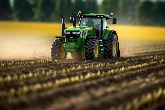 Un tractor verde conduce a través de un campo con un campo amarillo en el fondo.