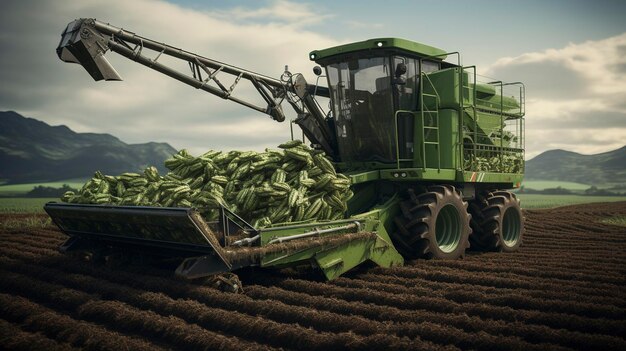 un tractor verde con un montón de plátanos en él