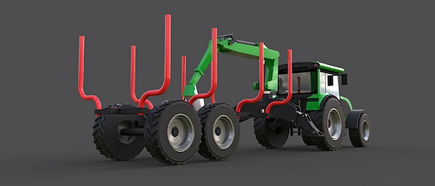 Tractor verde con remolque para registro sobre un fondo gris. Representación 3D.