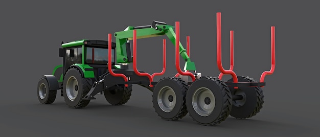 Tractor verde con remolque para registro sobre un fondo gris. Representación 3D.