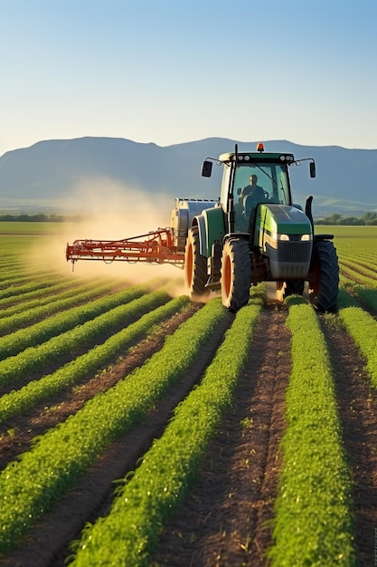 Tractor verde rociando pesticidas en un gran campo agrícola