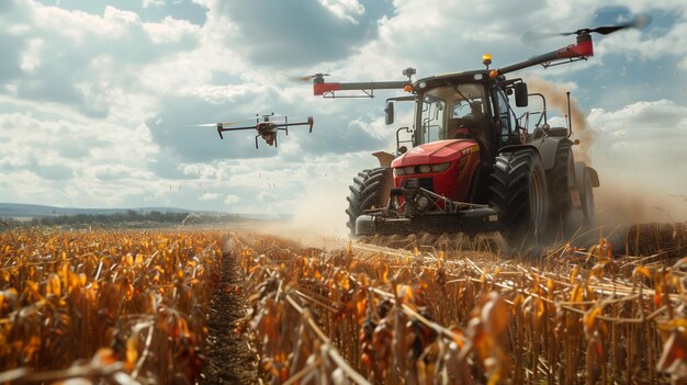 Tractor vermelho trabalhando em campo de milho IA geradora