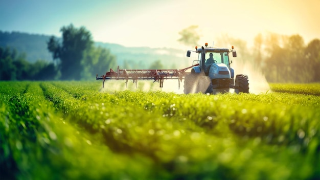 Un tractor vibrante maniobra con gracia a través de un campo exuberante de hierba verde vibrante
