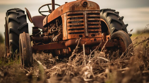 Foto tractor viejo y oxidado en el campo tractor en la granja máquinas agrícolas