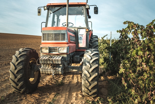 Tractor en un viñedo