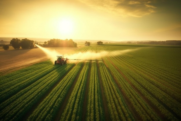 Tractor de vista aérea conduce sobre un campo y suelta el suelo Usingen Schwalbach Hochtaunuskreis Hesse Alemania Mayo 2019 IA generativa