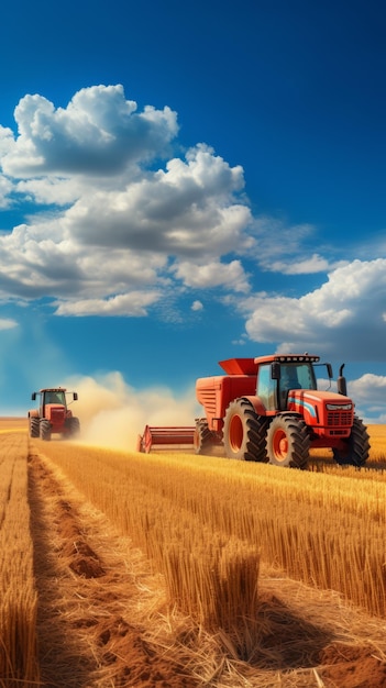 Tractores cosechando el trigo en un campo