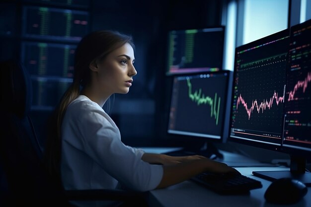 Trader Forex Trading Girl mujer se sienta en una computadora en una habitación oscura mirando un gráfico de mercado de valores