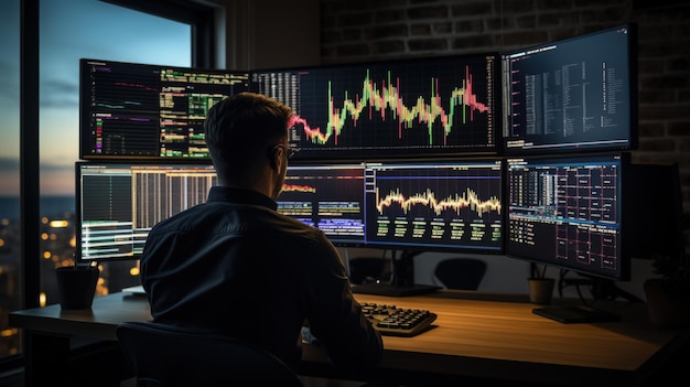 Trader monitoreando las tendencias del mercado de valores en múltiples pantallas con gráficos y gráficos IA generativa