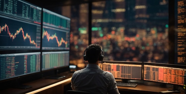 Trader Operando en su estacion Llena de pantallas com gráficos