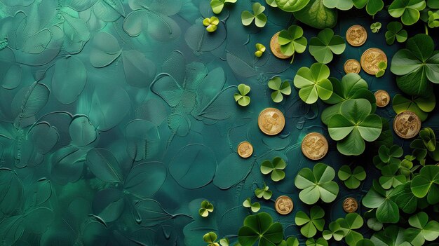 Tradição irlandesa Clover deixa moedas de ouro em um espaço de texto de fundo verde