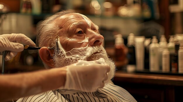 Tradición artesanal Un anciano experimentando un afeitamiento profesional en una barbería clásica