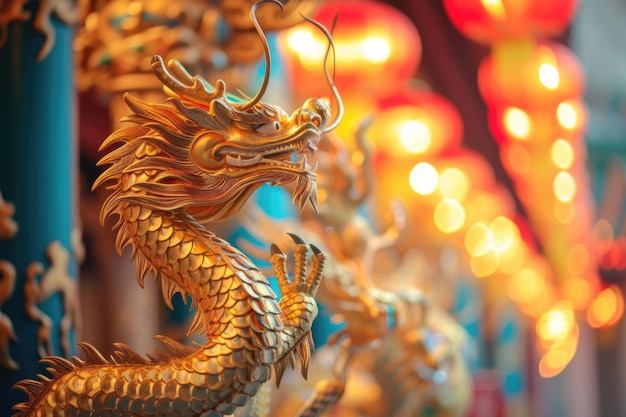 Tradición china estatua del dragón dorado 2024 es el año del dragón traducción de la palabra china buena suerte