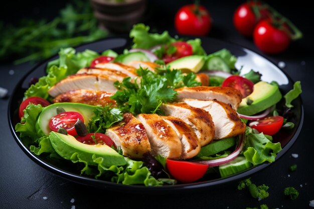 Foto tradición ensalada de cobb con pollo frito aguacate tomates frescos huevos tocino y queso en un plato