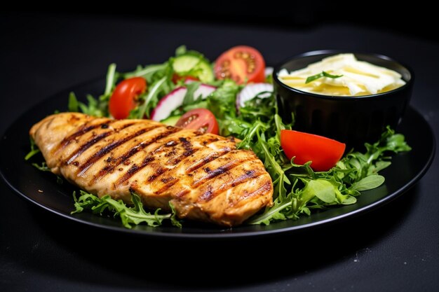 Foto tradición ensalada de cobb con pollo frito aguacate tomates frescos huevos tocino y queso en un plato