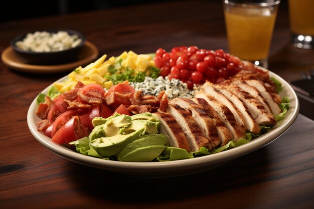 Foto tradición ensalada de cobb con pollo frito aguacate tomates frescos huevos tocino y queso en un plato