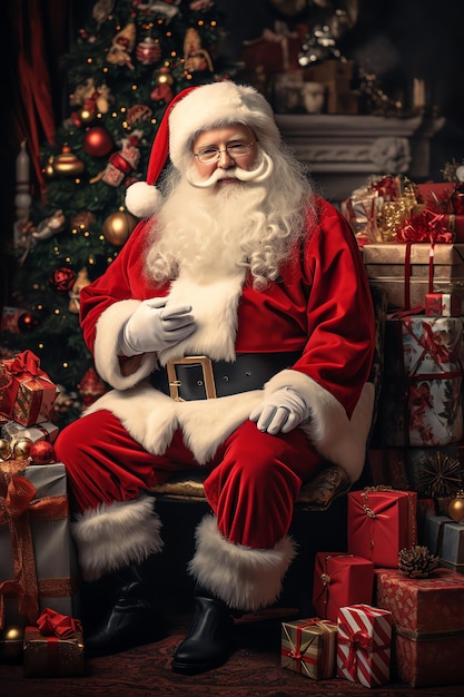 Foto tradición festiva santa sentado en una silla con regalos en arte de alta calidad