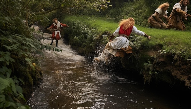 Foto la tradición lúdica de saltar sobre arroyos o pequeños ríos durante sizdah bedar