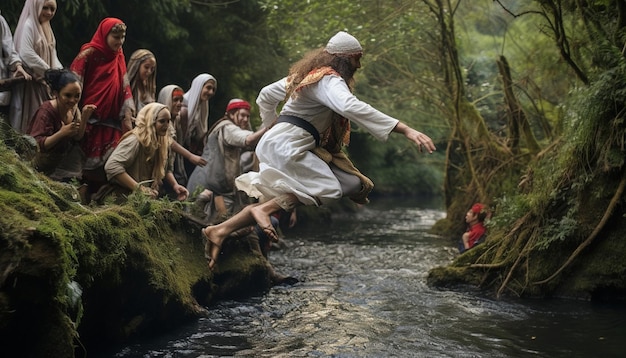 Foto la tradición lúdica de saltar sobre arroyos o pequeños ríos durante sizdah bedar