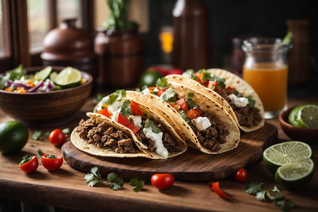 tradicionais tacos mexicanos com carne e legumes na mesa de madeira