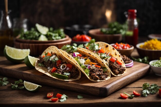 tradicionais tacos mexicanos com carne e legumes na mesa de madeira