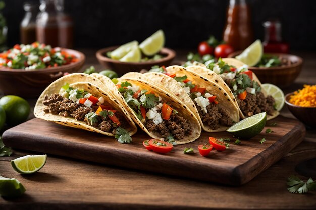 tradicionais tacos mexicanos com carne e legumes na mesa de madeira