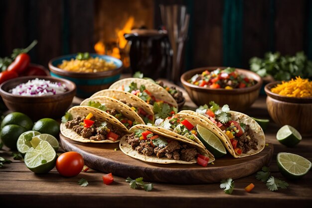 tradicionais tacos mexicanos com carne e legumes na mesa de madeira