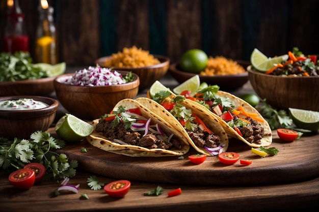 tradicionais tacos mexicanos com carne e legumes na mesa de madeira