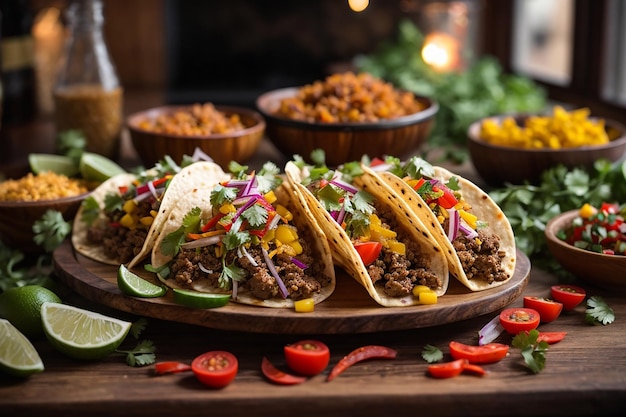 tradicionais tacos mexicanos com carne e legumes na mesa de madeira