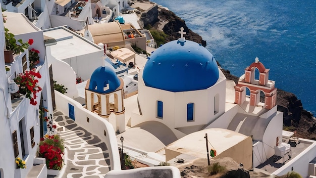Foto tradicional aldea griega oia de santorini con cúpulas azules contra el mar de aegan y la caldera con flujo