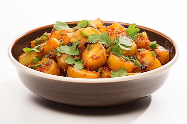 El tradicional Aloo Chaat de Rajasthan sobre un fondo blanco El Alu chat es una comida callejera popular