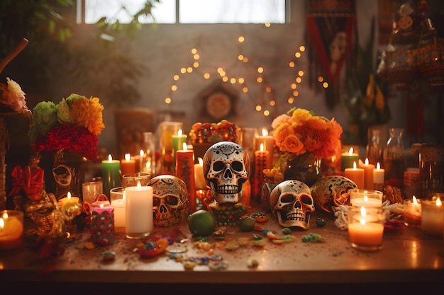 Tradicional altar de Día de Muertos con velas y ofrendas