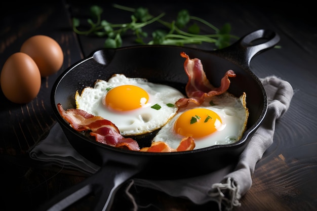 Tradicional café da manhã inglês com ovos fritos e bacon em panela de ferro fundido em fundo escuro de madeira Visão superior gerada por IA