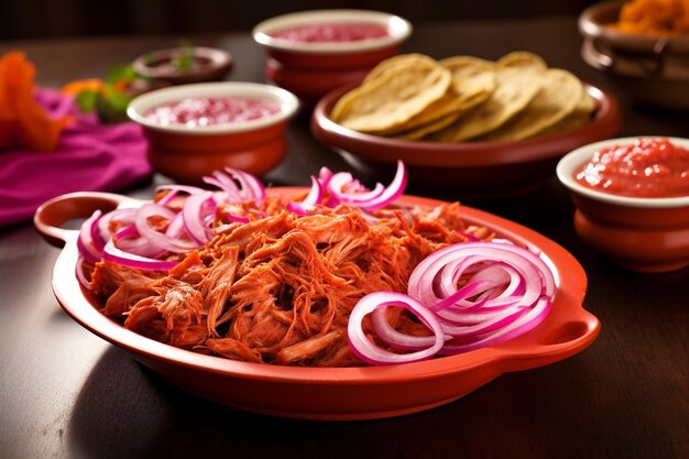 Foto la tradicional cochinita pibil mexicana servida con cebollas encurtidas y salsa habanero