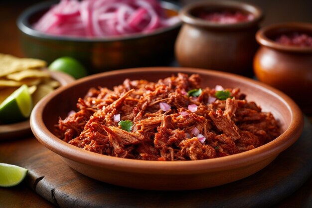 Foto la tradicional cochinita pibil mexicana servida con cebollas encurtidas y salsa habanero