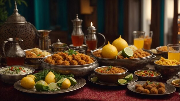 La tradicional comida de iftar de Ramadán Kareem con una variedad de deliciosos alimentos y bebidas generados por la IA