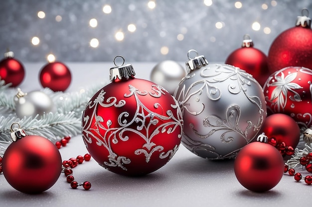 Tradicional Feliz Fiestas y Templo de Navidad con adornos rojos y plateados