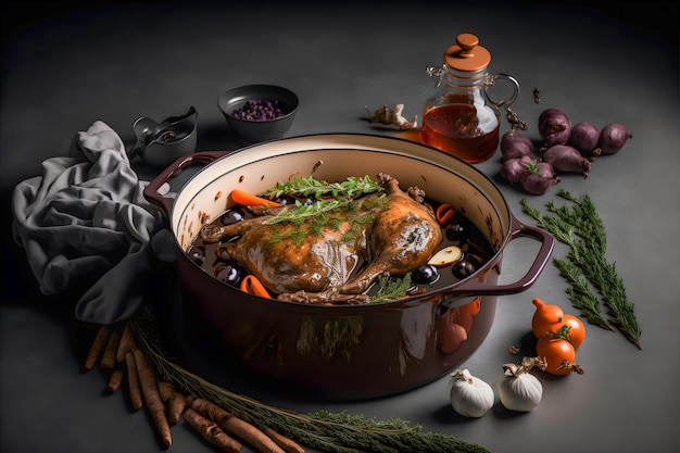 Tradicional francês Coq au Vin com frango refogado e legumes, cebola, cogumelos