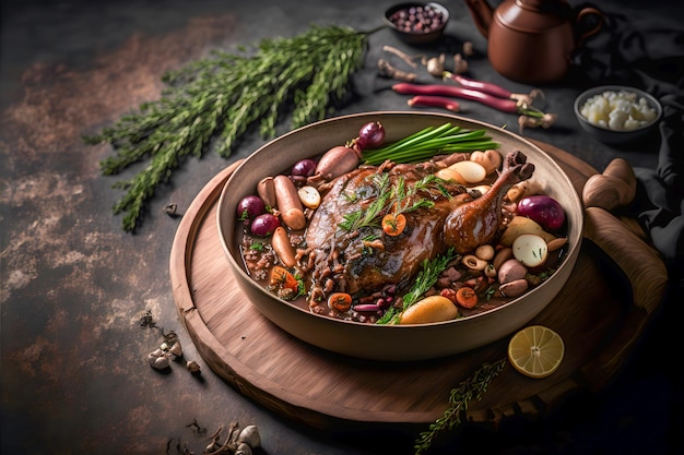 Tradicional francês Coq au Vin com frango refogado e legumes, cebola, cogumelos