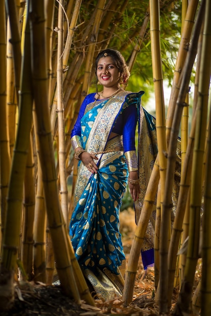 Tradicional india hermosa joven en sari posando al aire libre en el parque
