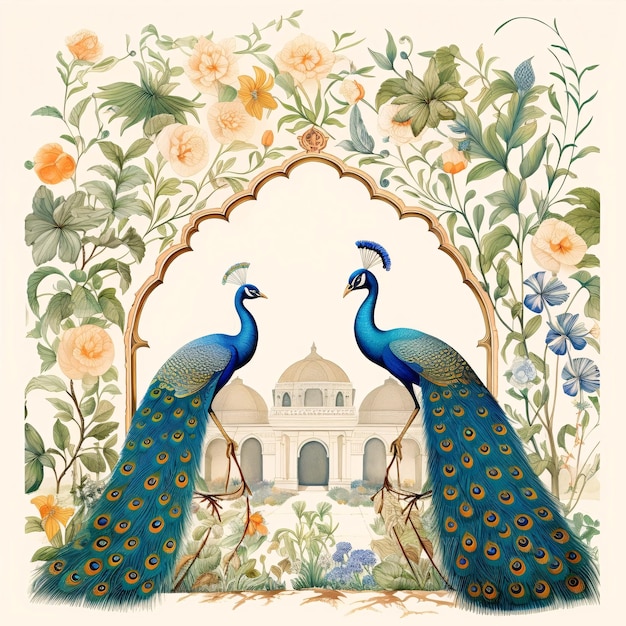 Foto tradicional mughal jardim arco planta de pavão e ilustração de pássaro