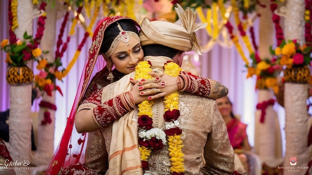 Foto la tradicional novia hindú de la boda abraza al novio tierno por detrás
