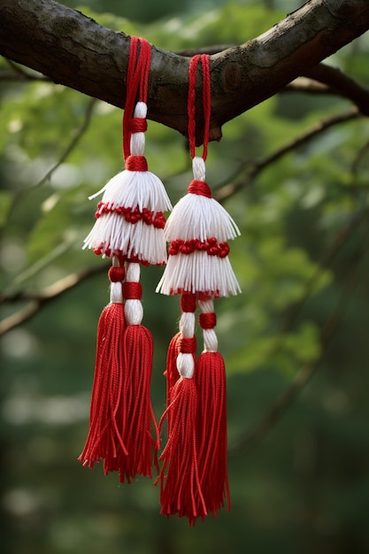 El tradicional nudo de la suerte japonés colgado de un árbol en un jardín