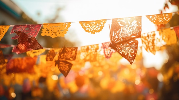 Foto tradicional papel picado esvoaçando ao vento para comemorar o dia da morte