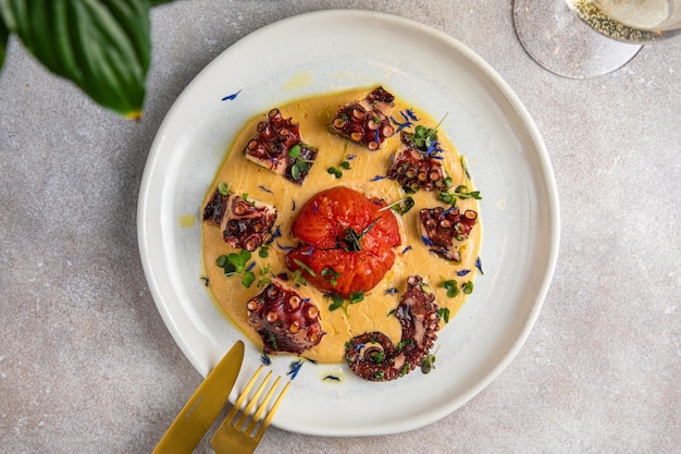 Tradicional polvo francês assado com molho romesco Polvo a la gallega