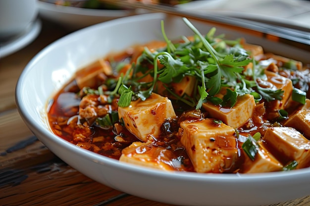 Tradicional Sichuan Mapo Tofu, um clássico da culinária chinesa com tofu macio em molho picante à base de feijão, guarnecido com cebolinha