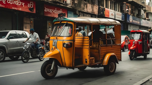 Foto el tradicional tuk tuk verde amarillo en la calle