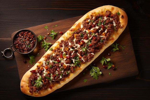 Tradicional turco horneado pide bocadillo de Oriente Medio pizza turca fondo oscuro vista superior