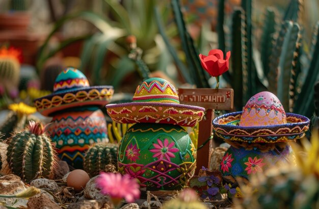 Tradicionales y vibrantes huevos de Pascua pintados a mano con un sombrero mexicano en un entorno al aire libre en medio de cactus en flor