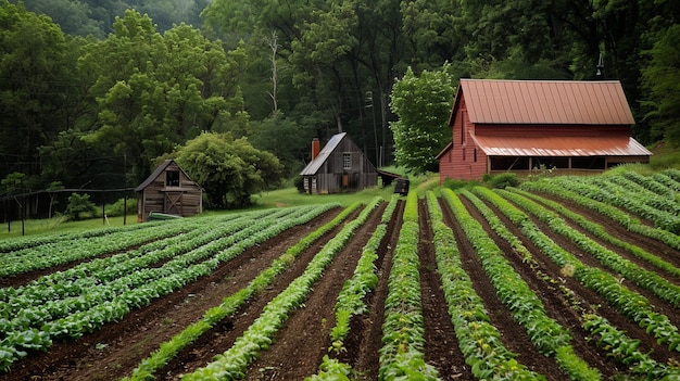 Tradiciones agrícolas rurales Celebrar la tradición atemporal de la agricultura con imágenes pintorescas de campos de verduras y granjas rústicas